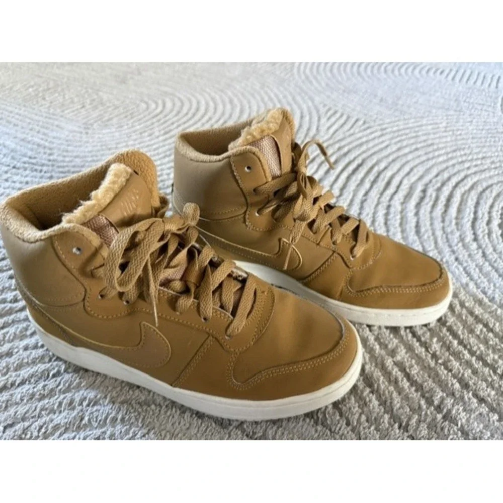 Nike Court Borough Mid Winter Wheat Tan Faux Fur High Top Sneakers Womens 7.5